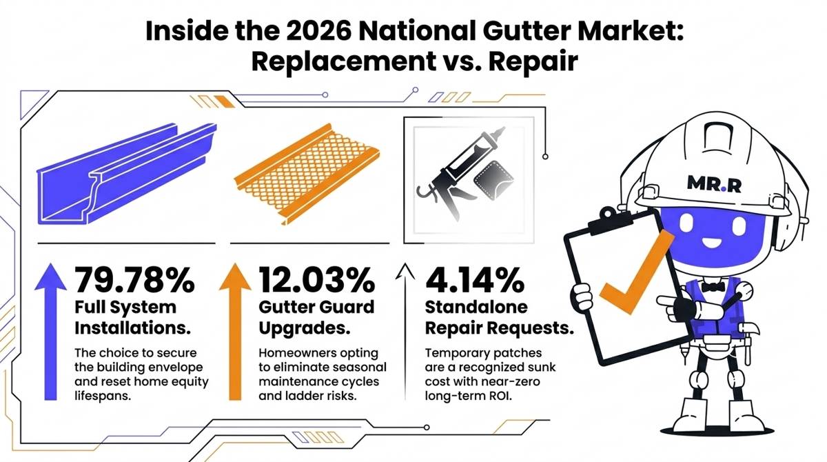 A clean, flat-vector infographic matrix contrasting 2026 data: 79.78% of the market chooses solid Blue full-system installations over minor 4.14% patches. Also highlights 12.03% solid Orange gutter guard upgrades.